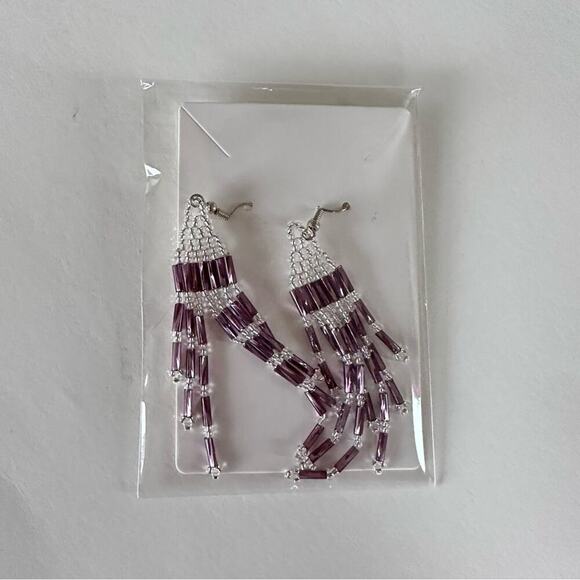 Southwestern Boho Beaded Handmade Tassel Fringe Purple Earrings - Picture 2 of 3